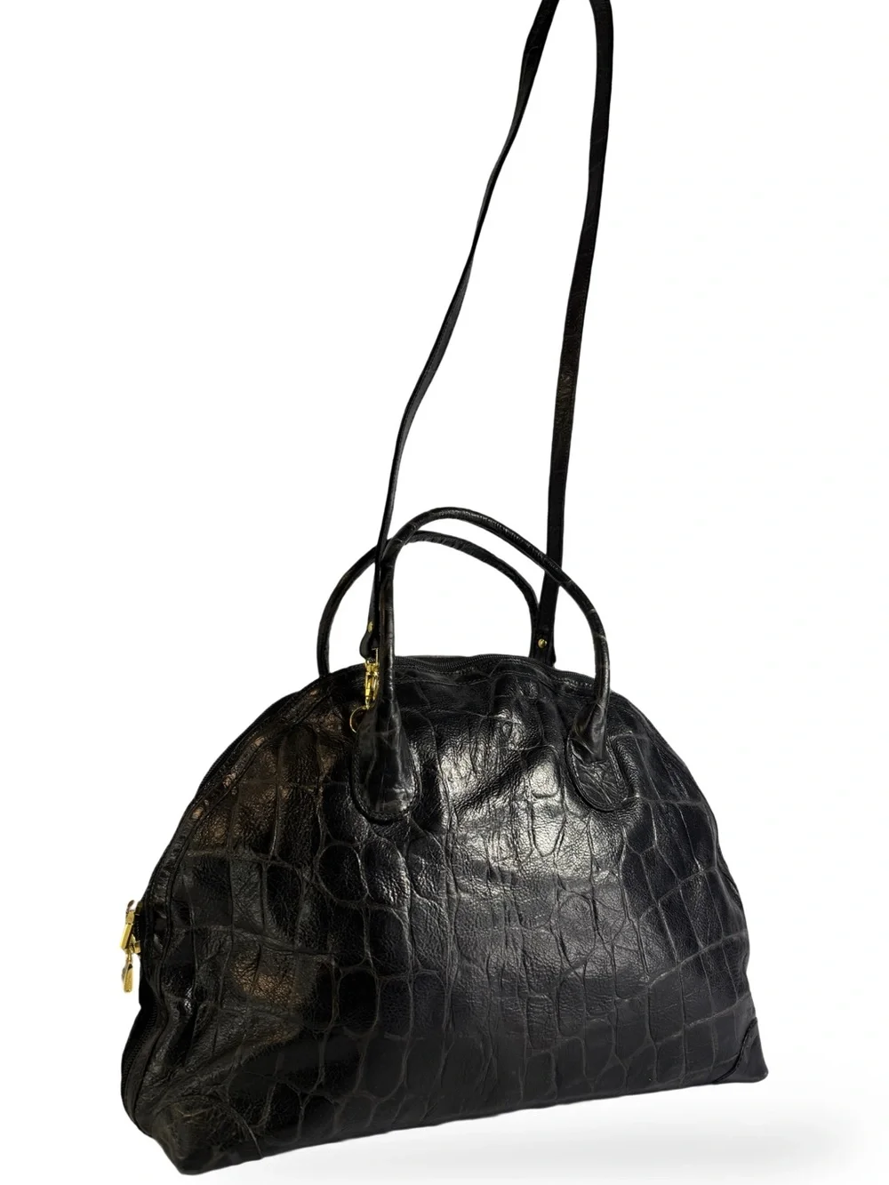 Black Croc-Embossed Dome Satchel with Dual Handles